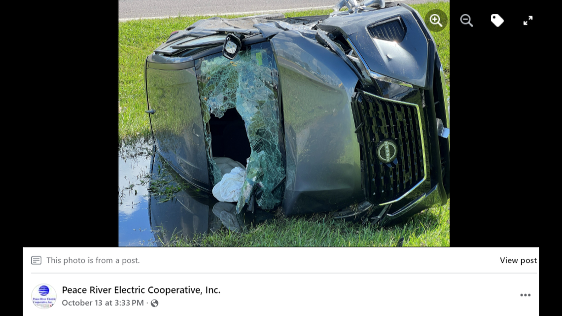 The rescue happened shortly after noon Sunday, Oct. 13, in Wauchula, when Cameron Elias spotted the overturned SUV on its side, in a water-filled ditch, Peace River Electric Cooperative, Inc. reported in a Facebook post.
