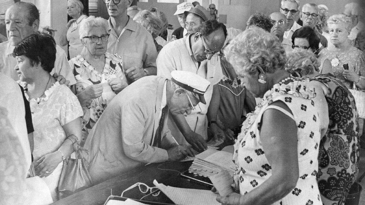 Crowds at a Miami Beach precinct in 1969.