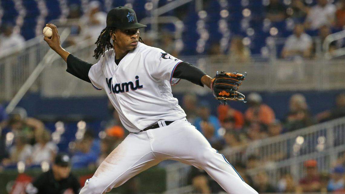 Miami Marlins pitcher Jose Urena (62) pitches during the second inning of an interleague Major League Baseball game against the Tampa Bay Rays at Marlins Park in Miami, Wednesday, May 15, 2019.