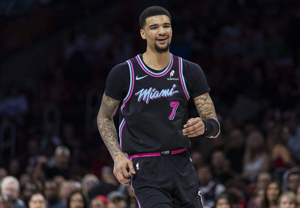 Miami Heat center Kel'el Ware (7) reacts after a play against the Orlando Magic in the first half of their NBA game at Kaseya Center on March 14, 2026, in Miami.