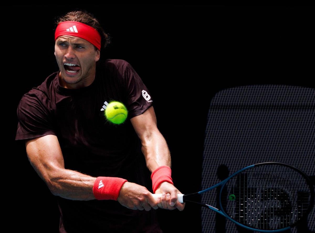 Alexander Zverev (GER) returns a serve by Jordan Thompson (AUS) during the Miami Open on Monday, March 24, 2025, at Hard Rock Stadium in Miami Gardens, Fla. Zverev won the match.