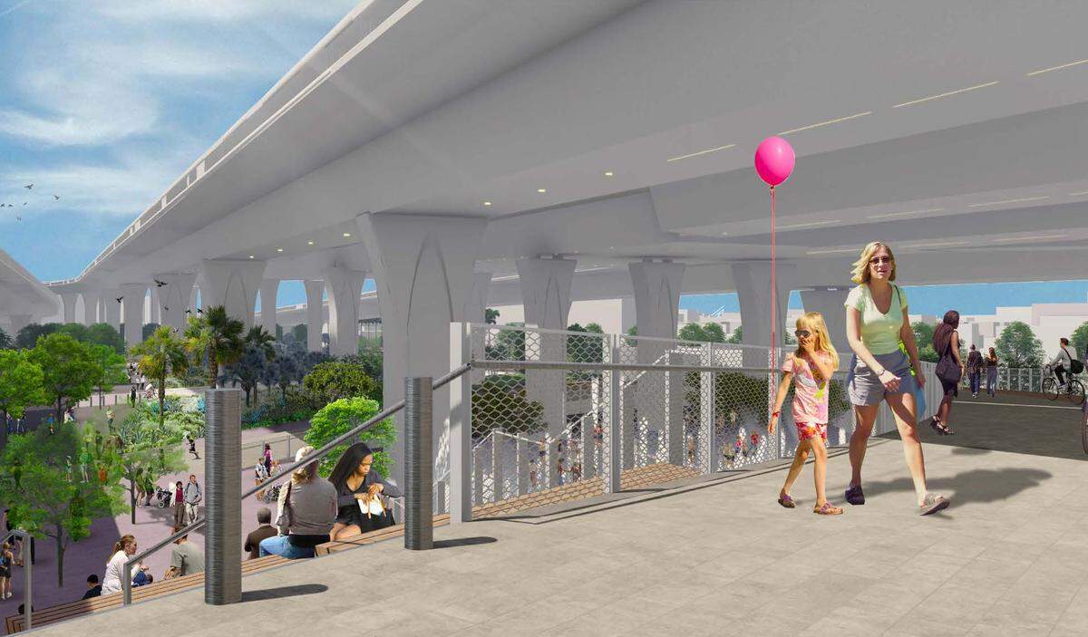 A rendering of a pedestrian bridge at The Underdeck below I-395