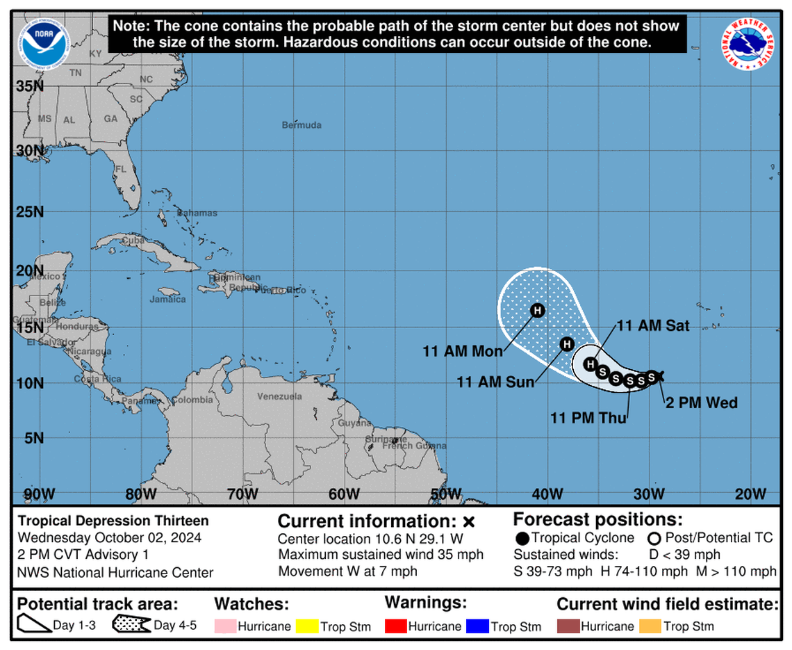Tropical Depression 13 could strengthen into Tropical Storm Leslie as soon as Wednesday evening.