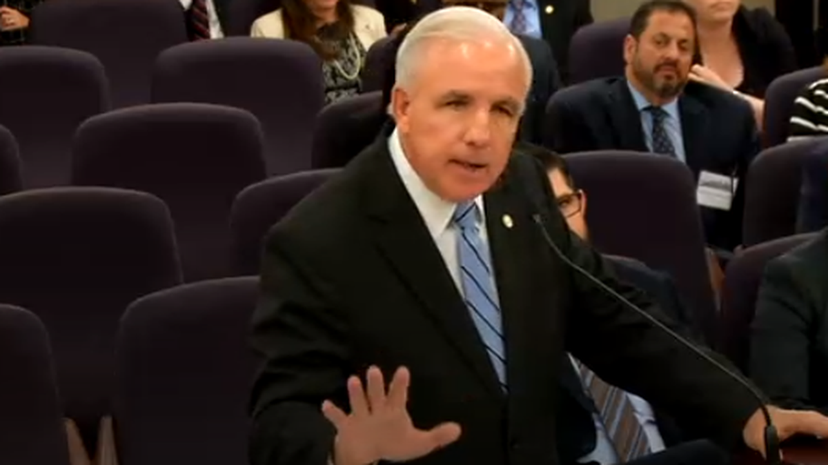 Miami-Dade Mayor Carlos Gimenez addresses a Senate committee on Thursday, April 4, 2019, as he tries to save the Miami-Dade Expressway Authority from being dissolved by the state Legislature. The picture comes from a Florida Channel video feed of the meeting.
