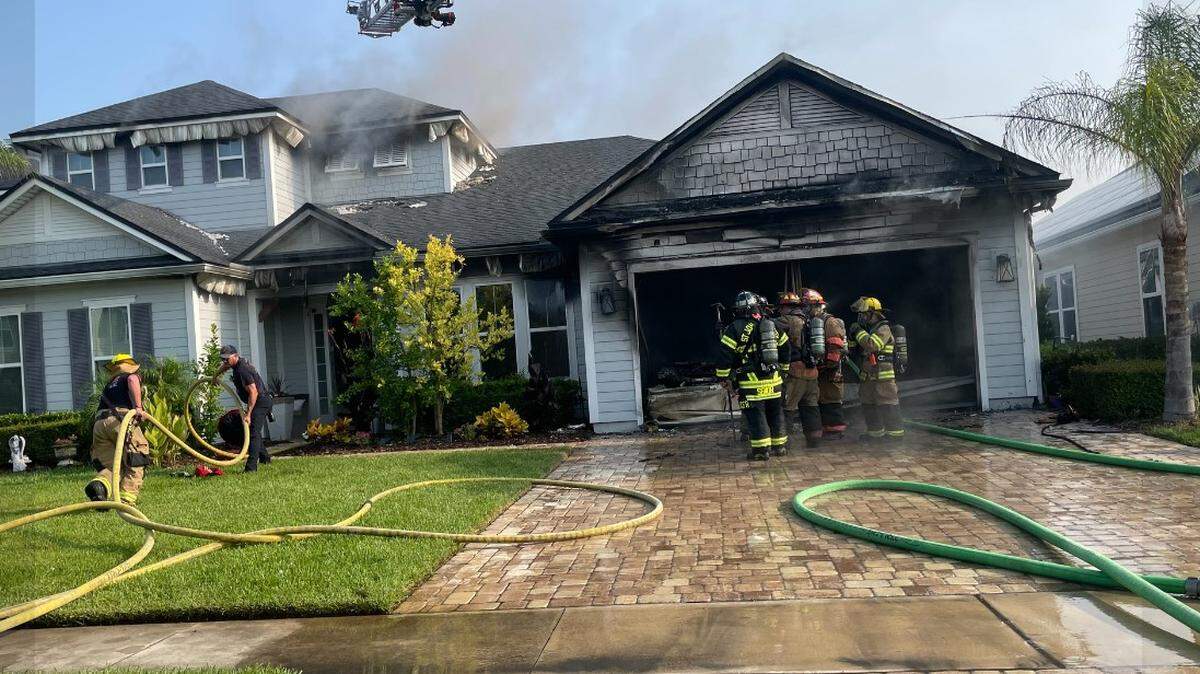 A 2023 Mercedes Benz EQE350+ electric vehicle caught fire while parked in the garage of a home in Nocatee, Florida/St. Johns County Fire Rescue