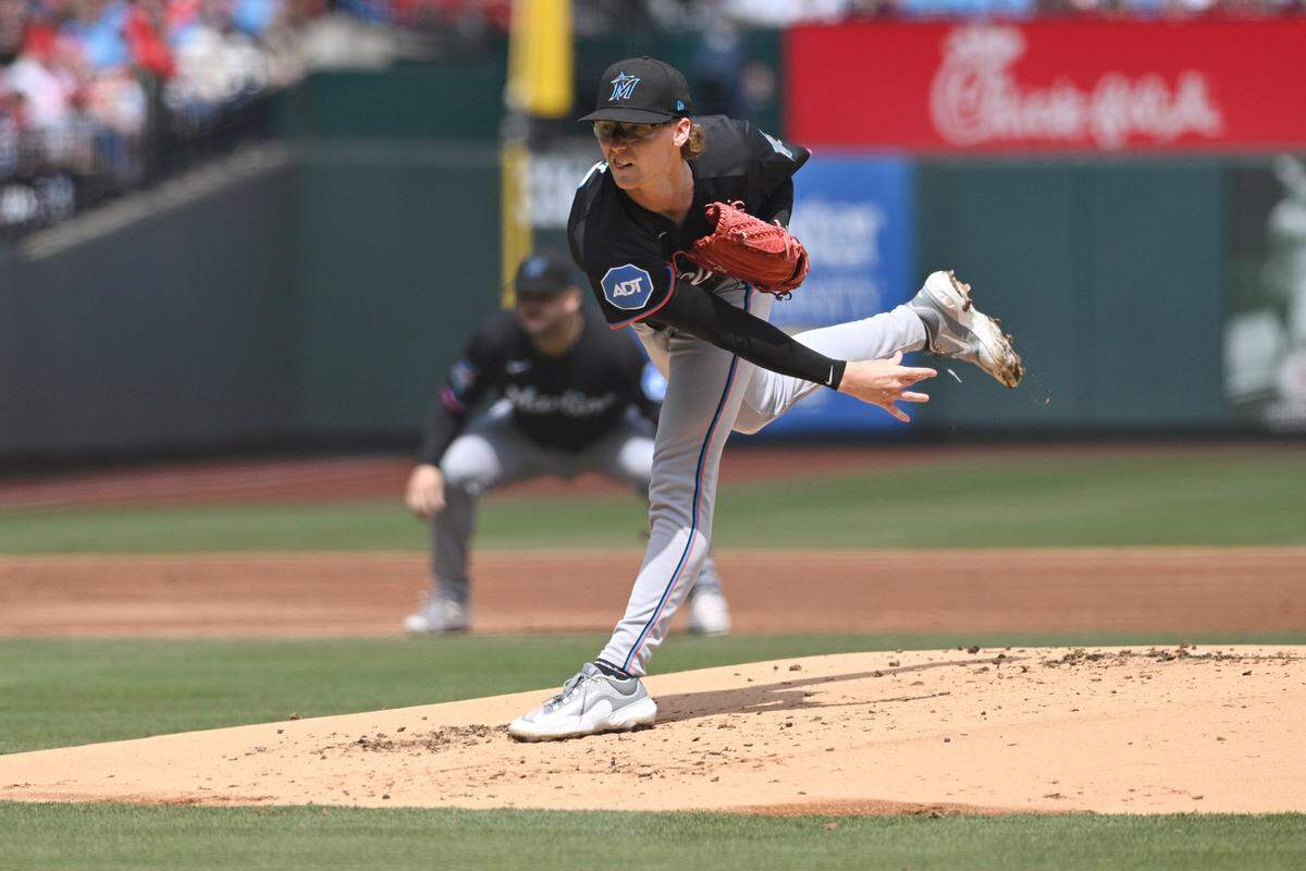 Apr 7, 2024; St. Louis, Missouri, USA; Miami Marlins pitcher Max Meyer (23) pitches against the St. Louis Cardinals during the first inning at Busch Stadium.