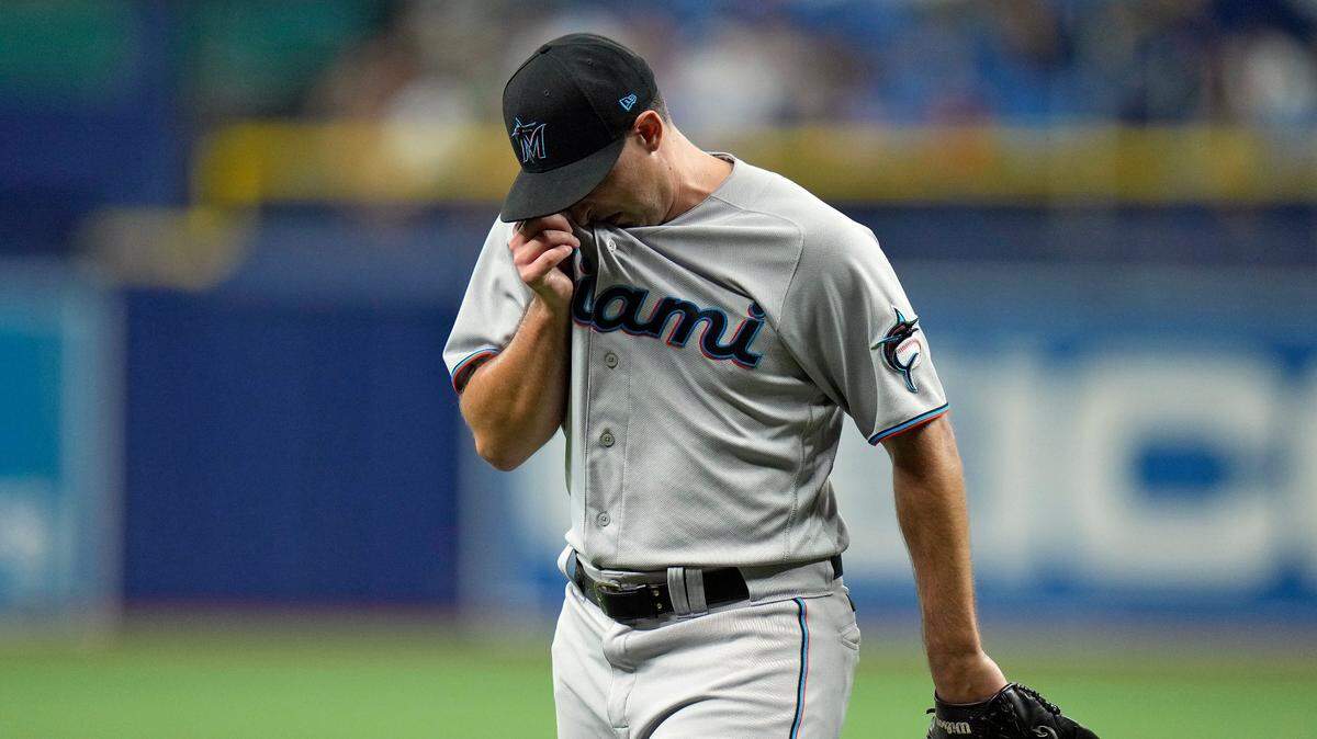 Miami Marlins starting pitcher Cody Poteet (72) reacts after giving up five runs to the Tampa Bay Rays during the first inning of a baseball game Wednesday, May 25, 2022, in St. Petersburg, Fla. (AP Photo/Chris O’Meara)