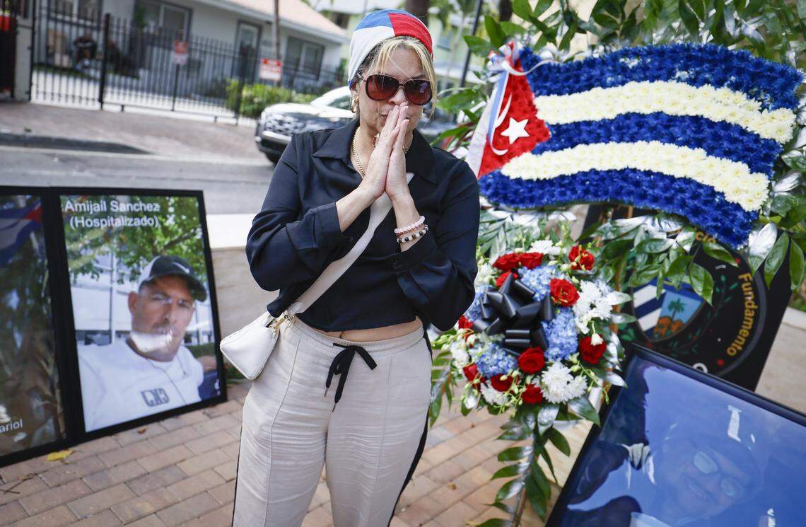 Niurka Prestamo, friends of a detainee reacts during a Proof of Life of Our Brothers ceremony at the Bay of Pigs Monument in the Little Havana area of Miami, Florida, on Sunday, March 8, 2026. Cuban dissident groups held a press conference to demand repatriation of the bodies of the men killed in the shootout with the Cuban Coast Guard on Sunday, March 8, 2026. They also demanded that the U.S. citizens involved in the incident be allowed to speak to U.S. diplomatic employees.