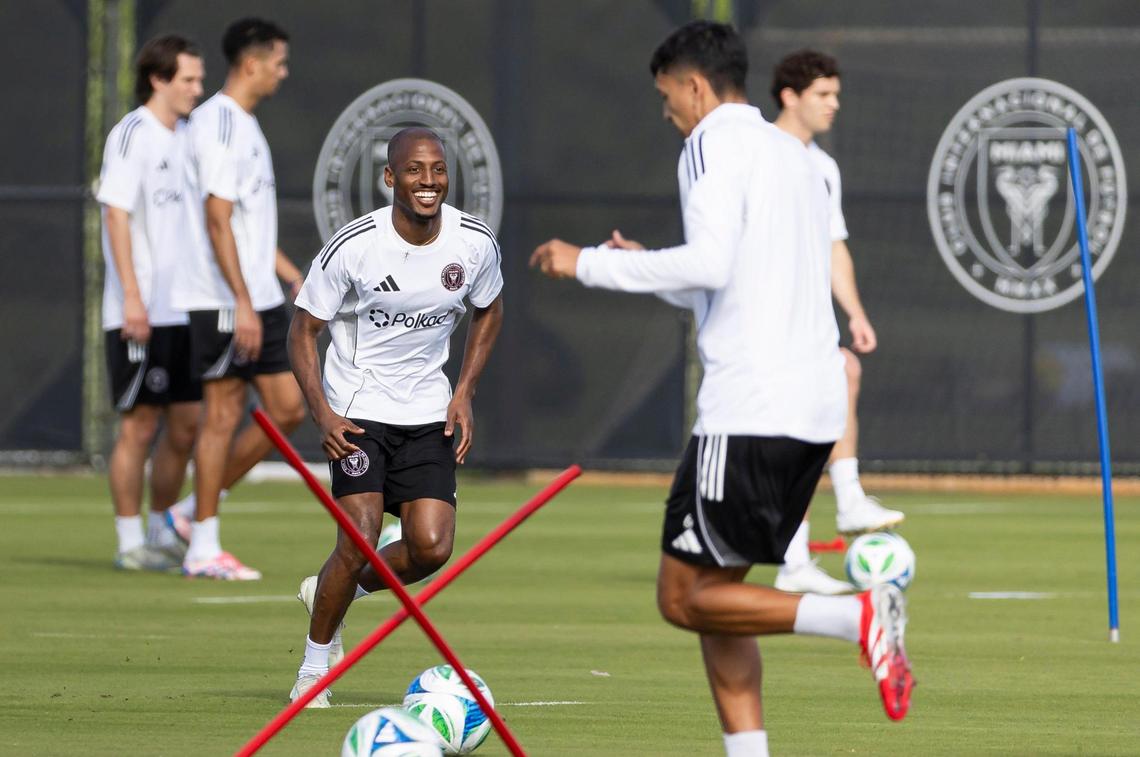 Inter Miami forward Fafa Picault (7) reacts as he runs drills during a team practice at the Florida Blue Training Center on Monday, Jan. 13, 2025, in Fort Lauderdale, Fla.