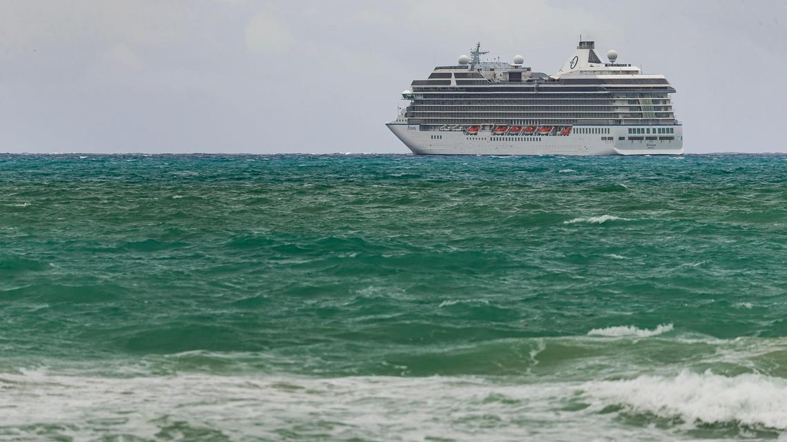 The Oceania Cruises’ Riviera ship can be seen out in the water near Miami Beach, Florida on Friday, May 15, 2020.