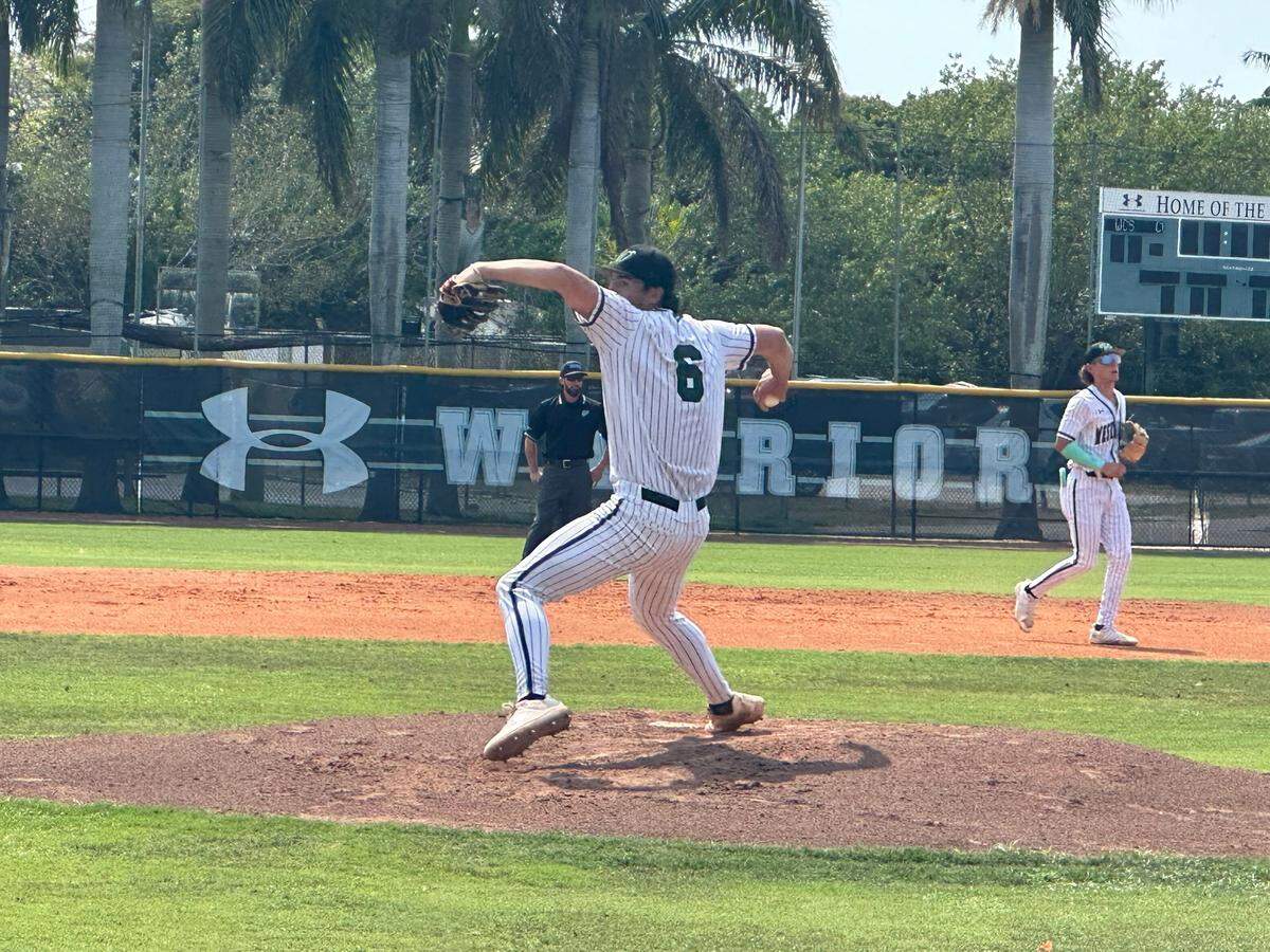 Westminster Christian’s Lazaro Collera pitches against Calvary Christian on Tuesday in the Region 4-3A baseball final at Westminster.
