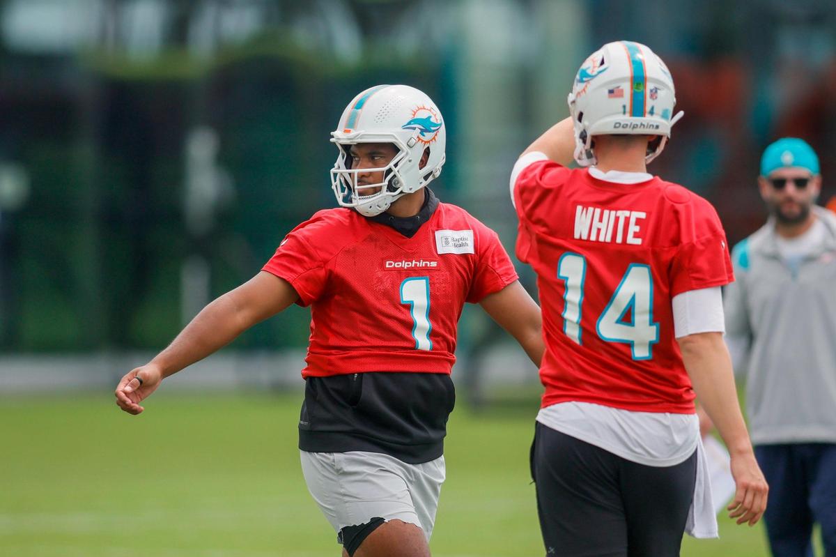 Miami Dolphins quarterback Tua Tagovailoa (1) looks on during mandatory minicamp at the Baptist Health Training Complex in Miami Gardens, Florida on Wednesday, June 7, 2023.