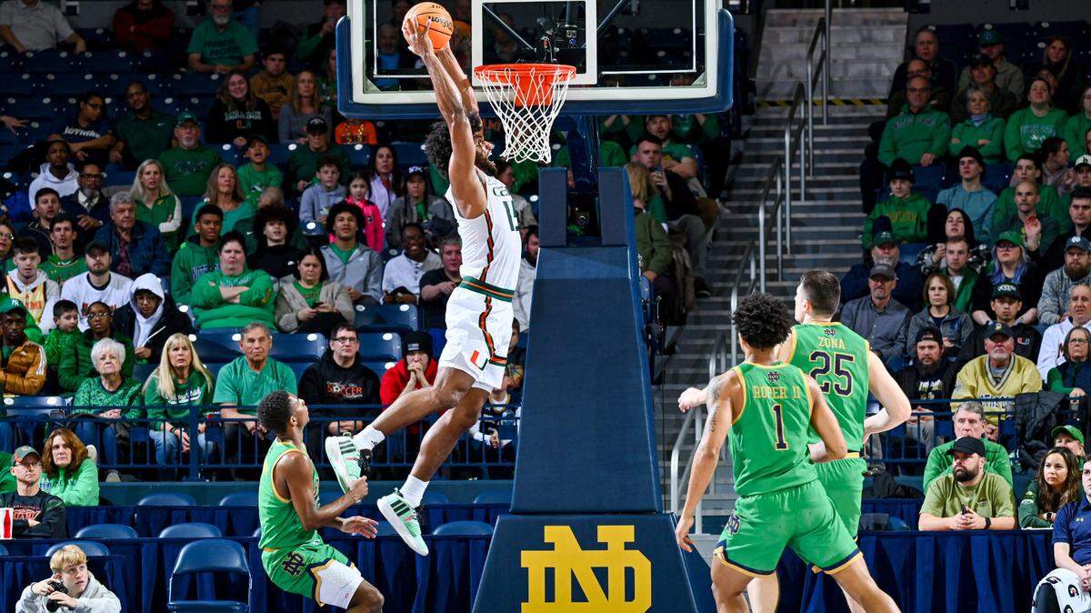 Jan 24, 2024; South Bend, Indiana, USA; Miami Hurricanes forward Norchad Omier (15) dunks in the first half against the Notre Dame Fighting Irish at the Purcell Pavilion. Mandatory Credit: Matt Cashore-USA TODAY Sports