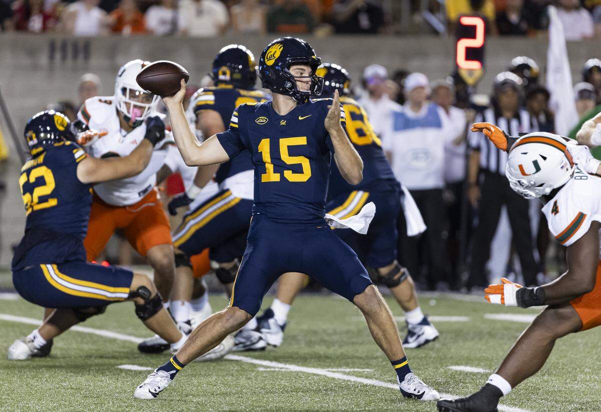 California Golden Bears quarterback Fernando Mendoza (15) throws the ball in the first half of his NCAA college football game against the Miami Hurricanes at the California Memorial Stadium on Saturday, Oct. 5, 2024, in Berkeley, Calif.