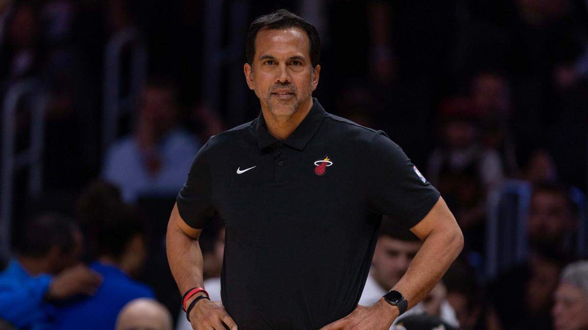 Miami Heat Head Coach Erik Spoelstra looks on from the sidelines during the second half of an NBA game after the game at Kaseya Center on March 25, 2025, in Miami.