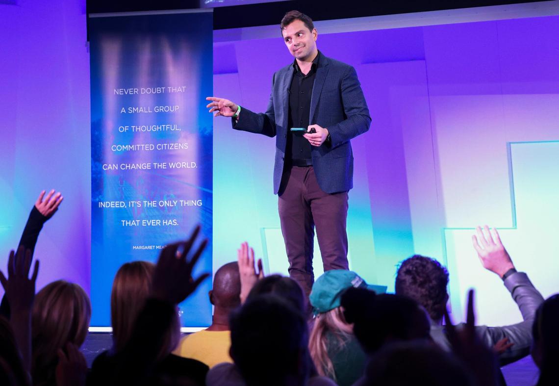Danny Buettner, the founder’s son and executive vice president of Blue Zones, speaks during a town hall presentation about what they could bring to Miami Beach on Wednesday, Feb. 5, 2025, at the New World Center in Miami Beach, Fla. Buettner and Blue Zones are in the first step of researching if Miami could be made into a Blue Zone.