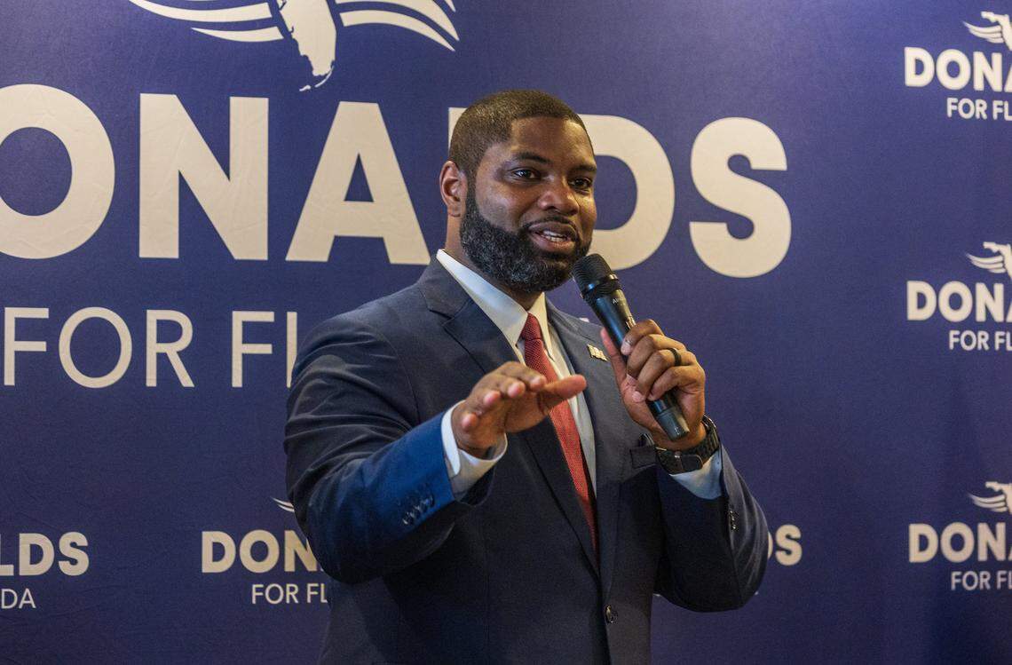 U.S. Congressman Byron Donalds speaks during an “Ask Byron Anything” meet-and-greet event at the Versailles Cuban Cuisine restaurant in Little Havana, as part of his campaign to run in the 2026 Republican primary for Florida governor, on Monday, March 02, 2026.