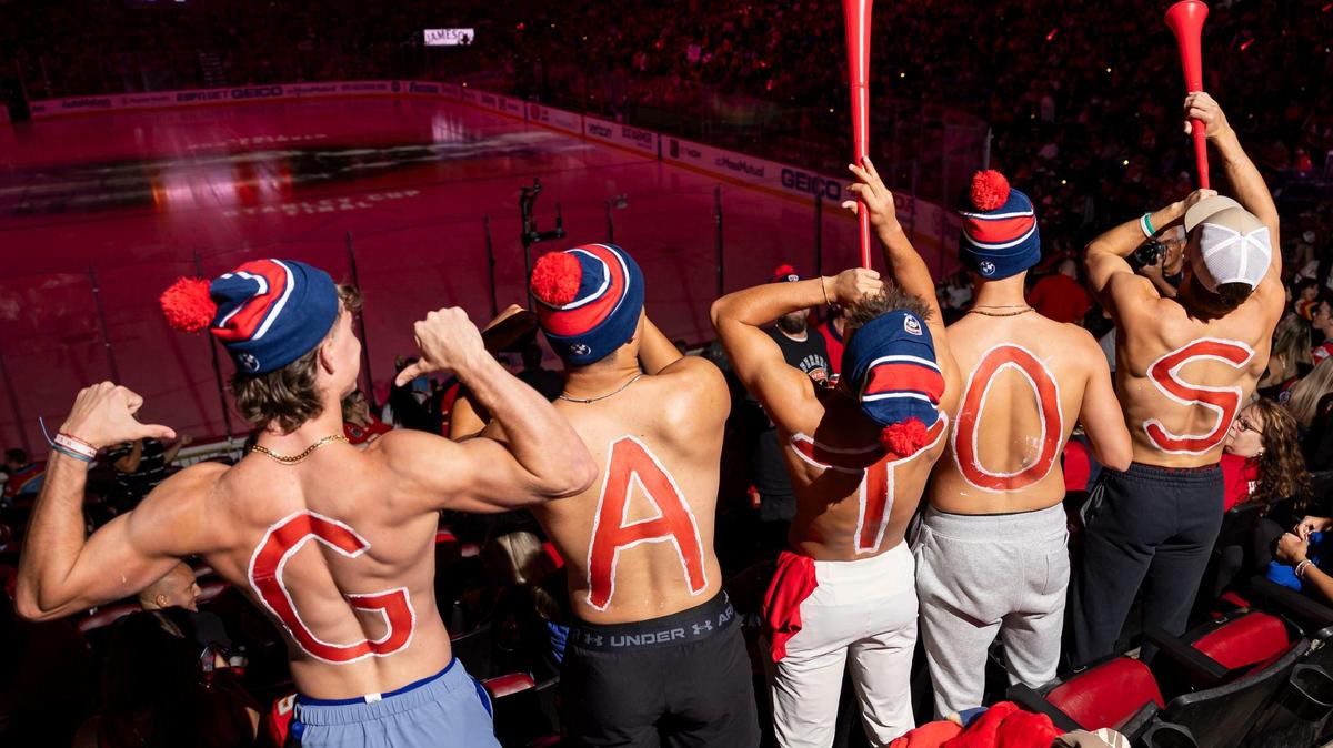 Florida Panthers fans chee rfor the Gatos, Cats in Spanish, during a watch party at the Amerant Bank Arena.