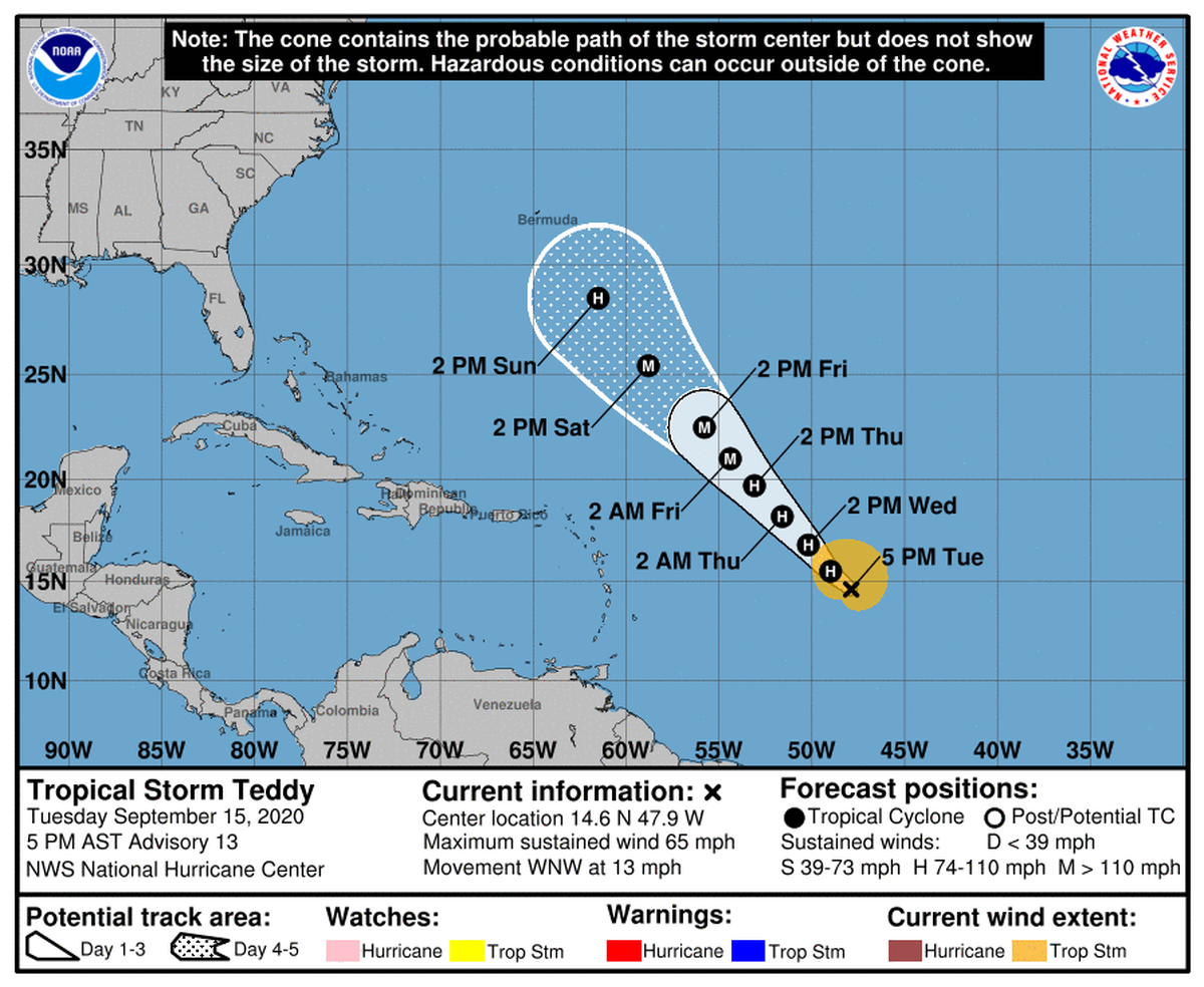 Tropical Storm Teddy is likely to become a hurricane later Tuesday or early Wednesday.