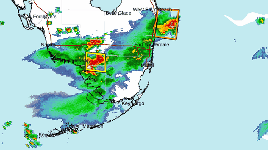 Alligator Alcatraz (the area highlighted in yellow) and the Everglades will be hit by thunderstorms, with forecasts up to 50 mph winds and hail, forecasters say.