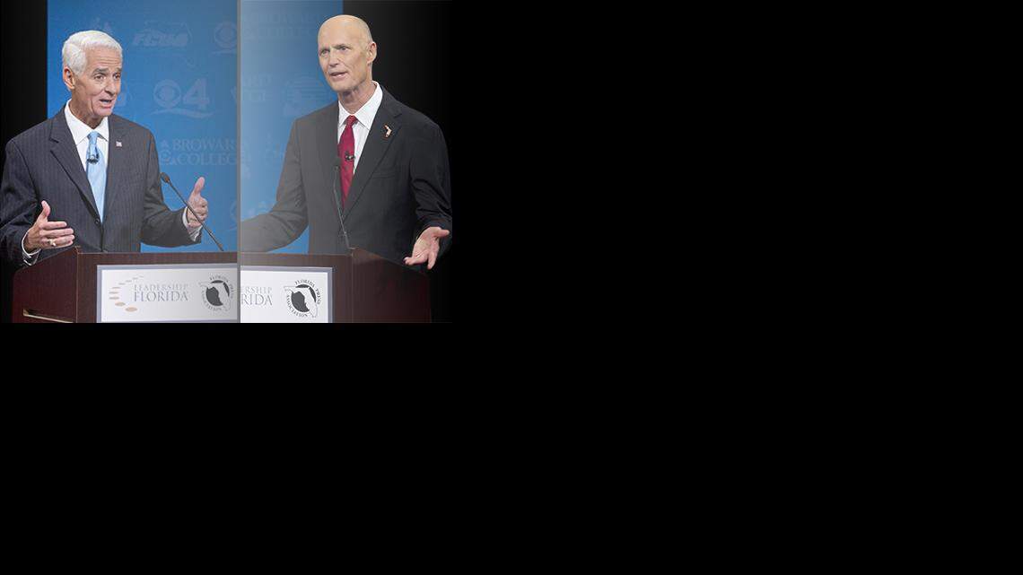 Former Florida Gov. Charlie Crist, left, and incumbent Rick Scott.