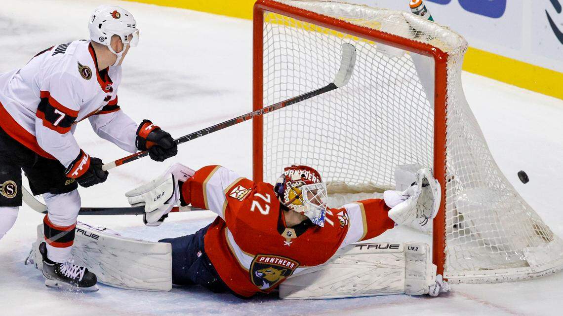 Florida Panthers goaltender Sergei Bobrovsky (72) blocks a shot by Ottawa Senators left wing Brady Tkachuk (7) during the first period of an NHL game at the FLA Live Arena on Thursday, March 3, 2022 in Sunrise, Fl.