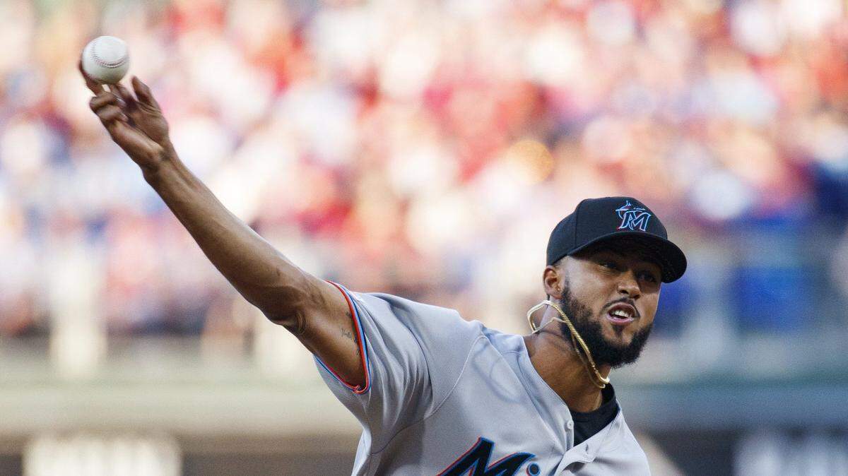 Miami Marlins’ Sandy Alcantara pitches during the first inning of the team’s baseball game against the Philadelphia Phillies, Friday, June 21, 2019, in Philadelphia.