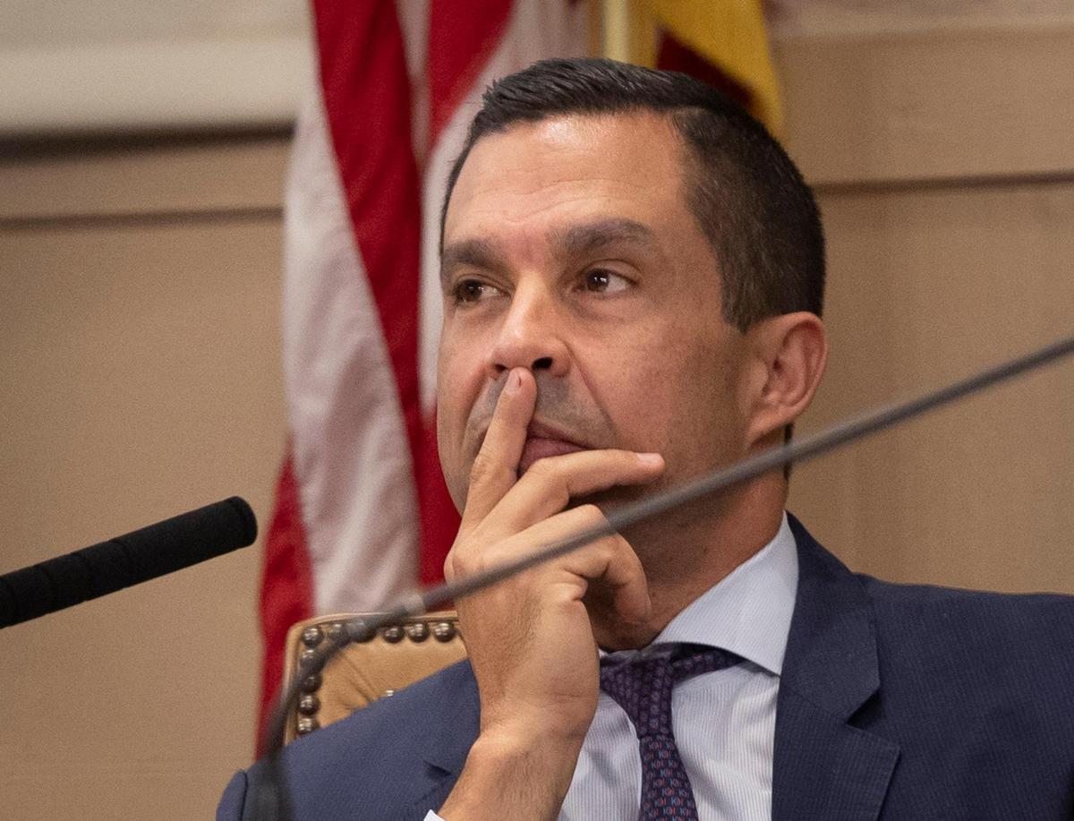 Mayor Vince Lago listening to an agenda item about expense reports during a Coral Gables City Commission meeting on Tuesday, Jan. 23, 2024, at Coral Gables City Hall.