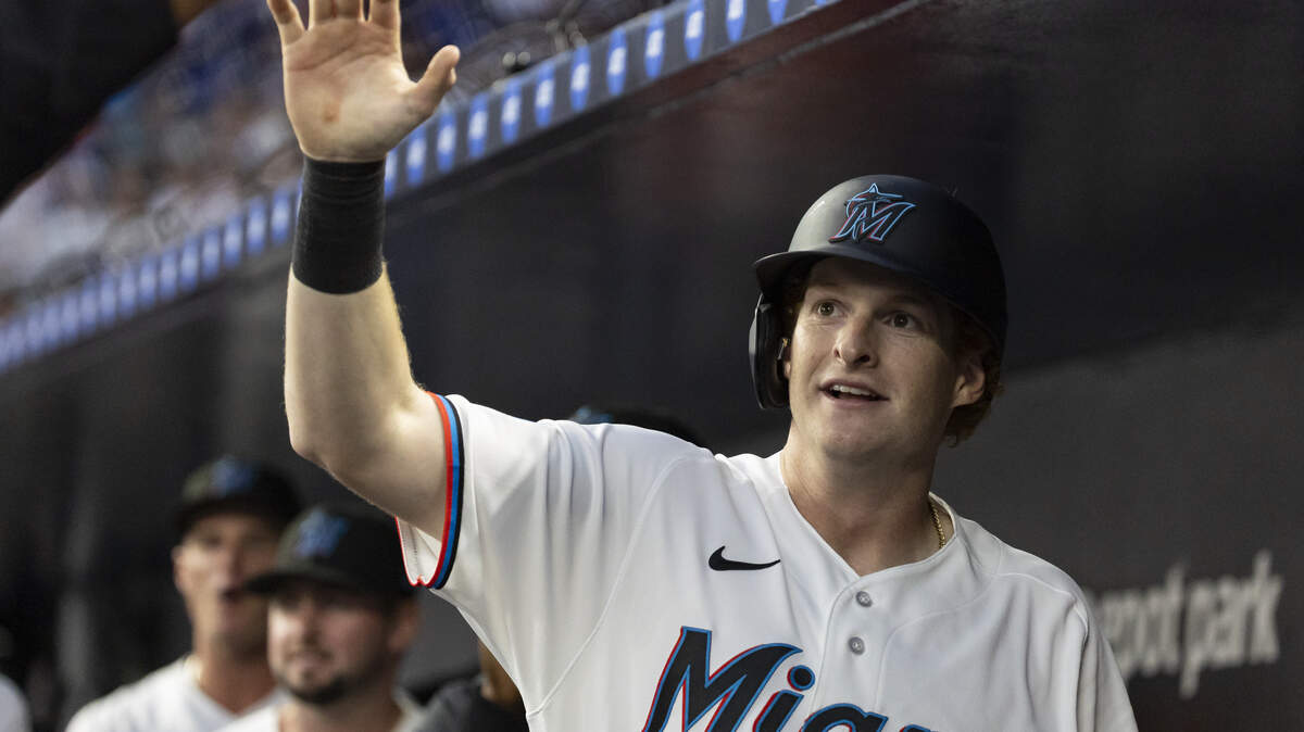 Miami Marlins designated hitter Owen Caissie (17) celebrates with his teammates after scoring a run against the Colorado Rockies in the second inning of their MLB game at loanDepot park on Friday, March 27, 2026, in Miami, Fla.