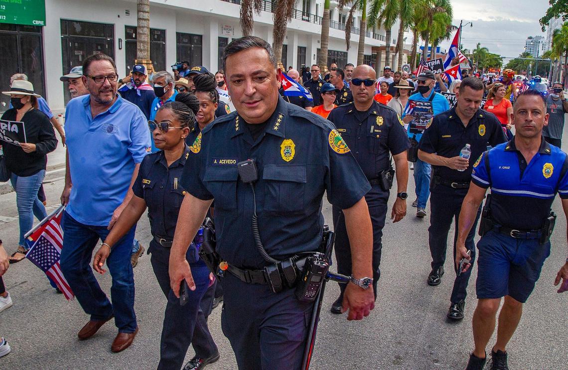 Miami Police officers, including Chief Art Acevedo, joined Cuban exiles on a march called by the Kiwanis Club of Little Havana along Southwest Eighth Street to the Bay of Pigs Heroes Monument to show solidarity and support for the Cuban people on Friday, July 23, 2021.