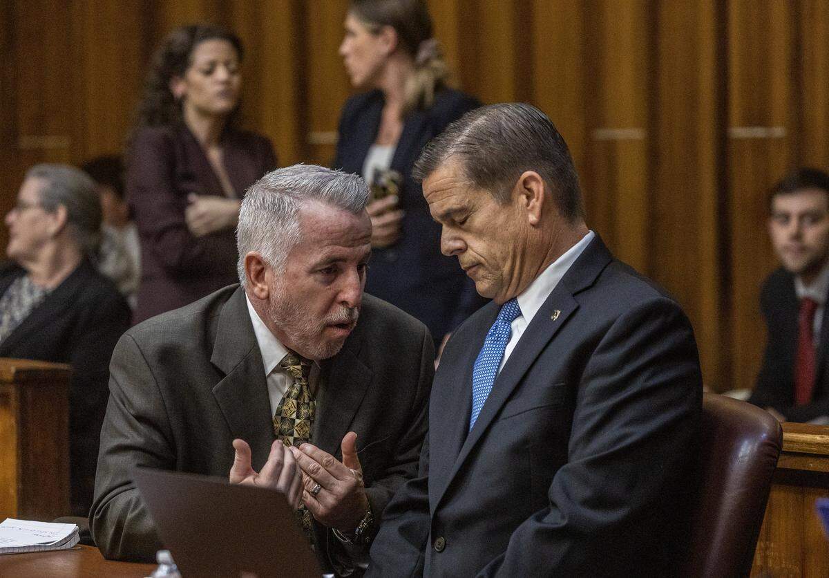 Defense attorney Mark Shapiro talks with defendant George Pino, during a motion hearing, as he is facing vessel homicide charges related to the 2022 boat crash that killed an Our Lady of Lourdes Academy student, in front of Judge Marisa Tinkler Mendez at Courtroom 4-6 in the Richard E. Gerstein Justice Building, on Wednesday, May 27, 2026.