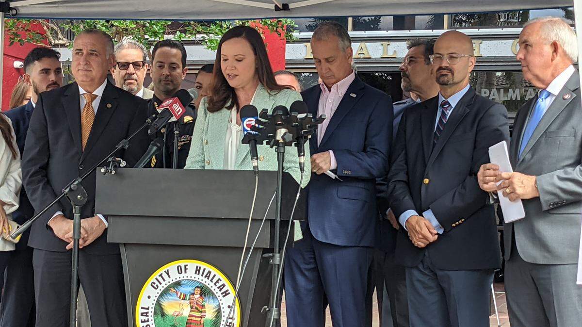 Florida Attorney General Ashley Moody, surrounded by state and federal lawmakers outside of Hialeah City Hall Tuesday, announced an enhanced retail theft crime bill she’s trying to get pushed through this term’s state legislature.
