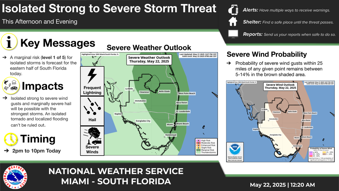 National Weather Service in Miami issued a notice about severe storms that could affect parts of eastern South Florida on Thursday and Friday, May 22 and 23, 2025.