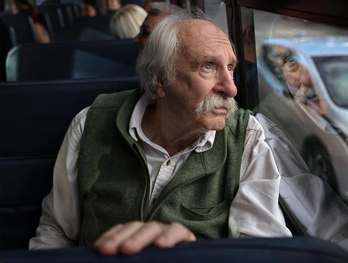 Blue Zone Director of Inspiration and Innovation Dan Burden gazes out the bus window as he and other colleagues are given a tour of Miami Beach. Miami Beach Vice Mayor Tanya Bhatt and city officials host a tour for Blue Zones experts, showcasing parks, schools, and recreational areas to assess the city’s strengths, weaknesses, opportunities, and challenges on Wednesday, February 5, 2025, in Miami Beach, Florida.