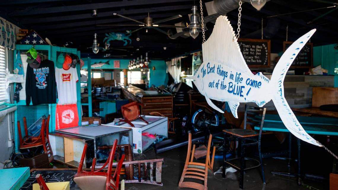 The Blue Dog Bar & Grill restaurant in Matlacha was left damaged by Hurricane Ian, a Category 4 storm.