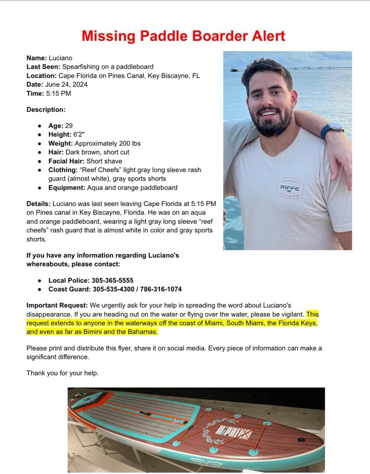The U.S. Coast Guard released a flier seeking information on a Luciano Luciano Mercenari, who was last seen leaving Key Biscayne on a paddleboard Monday evening, June 24, 2024.