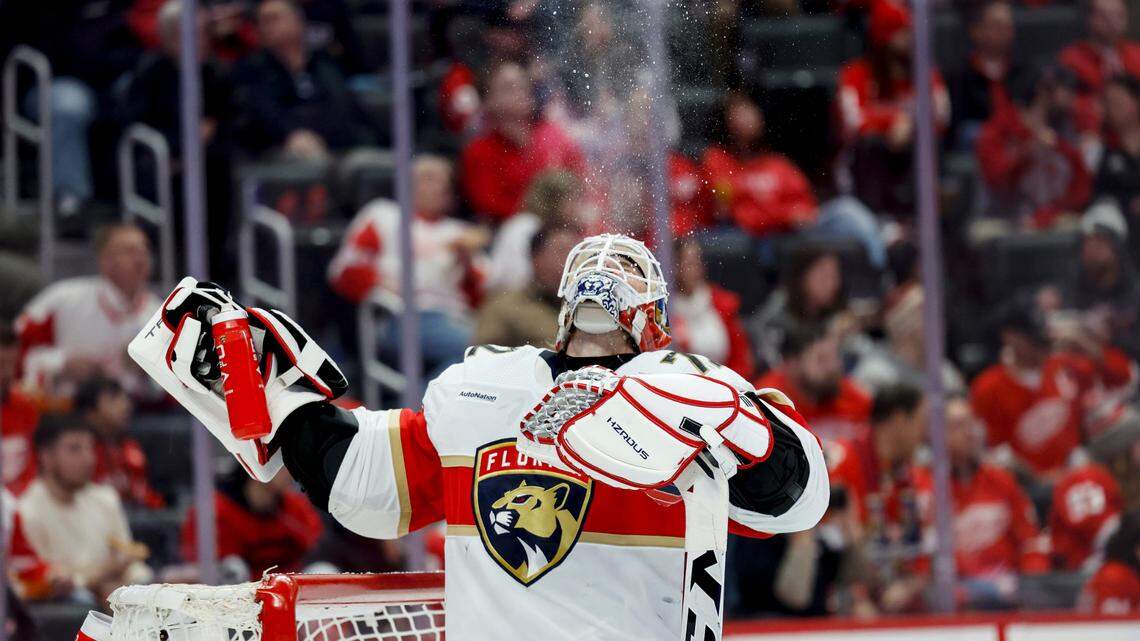 Mar 2, 2024; Detroit, Michigan, USA; Florida Panthers goaltender Sergei Bobrovsky (72) spits water in the air in the second period against the Detroit Red Wings at Little Caesars Arena. Mandatory Credit: Rick Osentoski-USA TODAY Sports