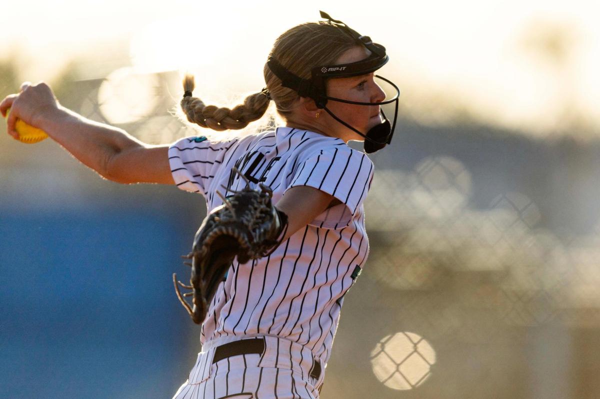 Coral Reef pitcher Quinley Wylie (7) throws the ball during the GMAC softball championship game against Palmetto at South Dade High School on Thursday, April 17, 2025, in Miami, Fla.