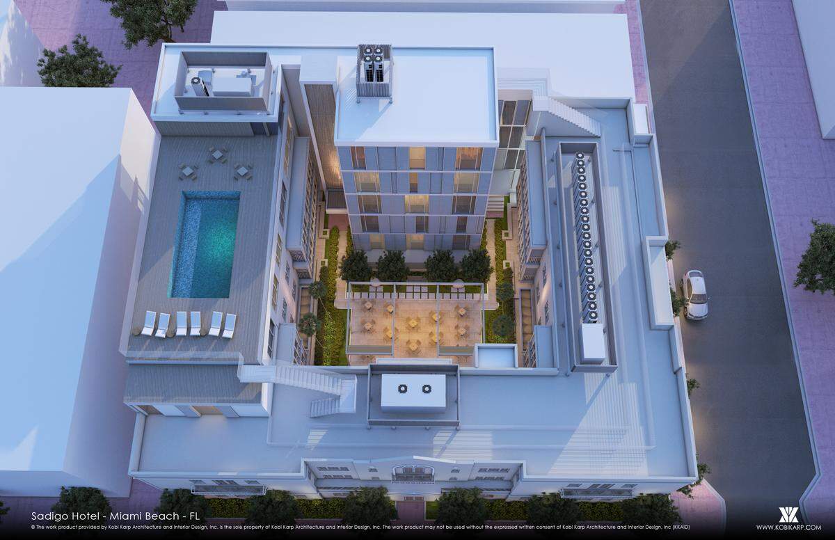 A rendering of the renovation of the Sadigo Court apartment building in the historic Collins Park district in Miami Beach shows how its adaptation into a hotel includes a modern addition hidden from the street at center, and a rooftop addition to the left with a swimming pool.