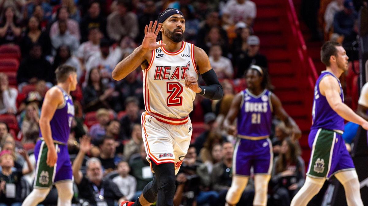 Miami Heat point guard Gabe Vincent (2) reacts to scoring during the first half of an NBA game against the Milwaukee Bucks at Miami-Dade Arena in Downtown Miami, Florida, on Saturday, January 14, 2023.