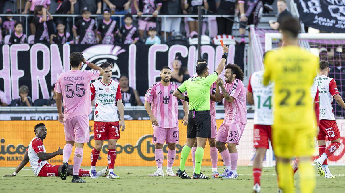 Inter Miami CF defender Maximiliano Falcon (37) receives a red card after a play against Necaxa in the first half of their Leagues Cup Phase One soccer match at Chase Stadium on Saturday, Aug. 2, 2025, in Fort Lauderdale, Fla.