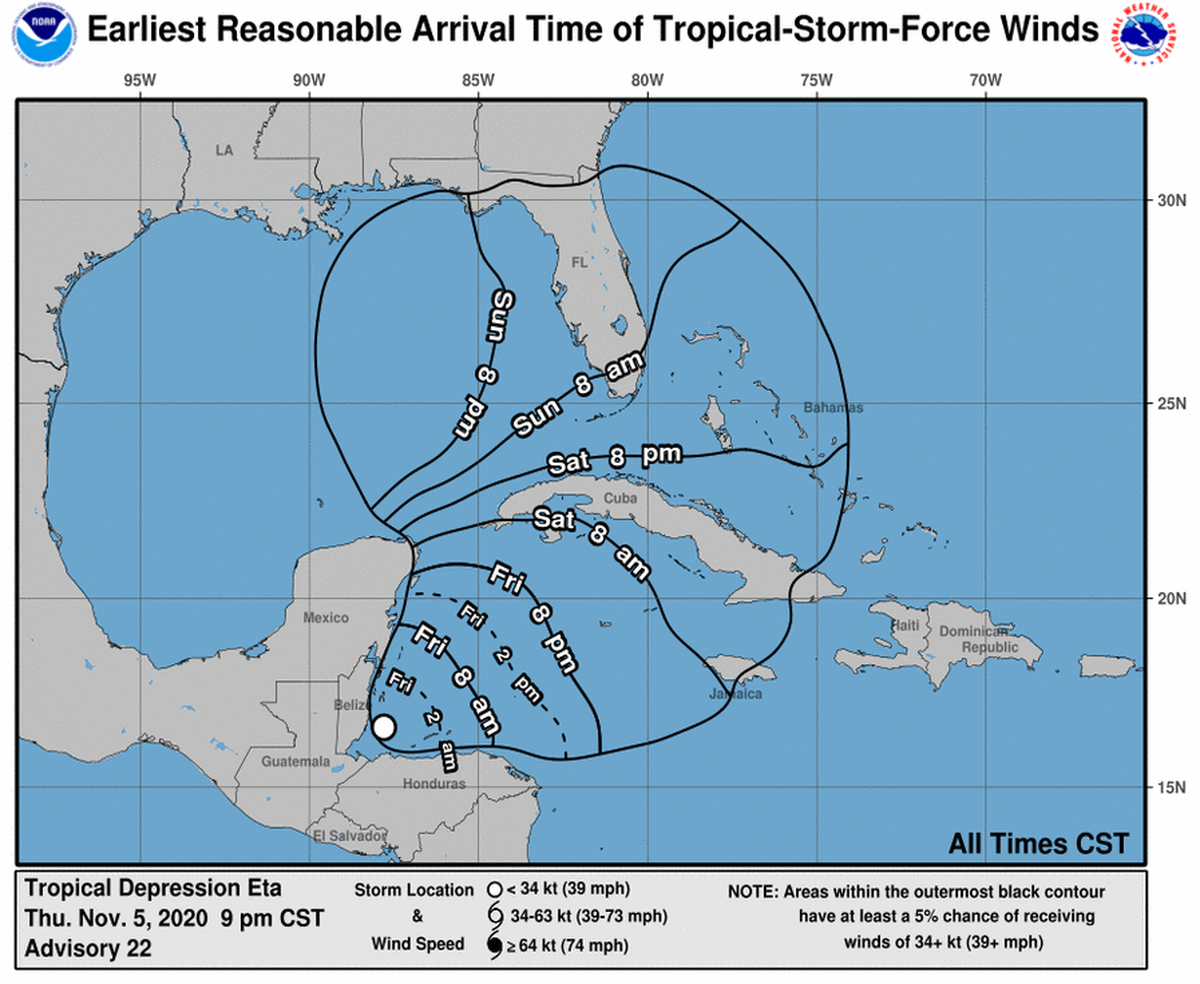 Tropical Depression Eta could bring tropical-storm-force winds to the Keys late Saturday.