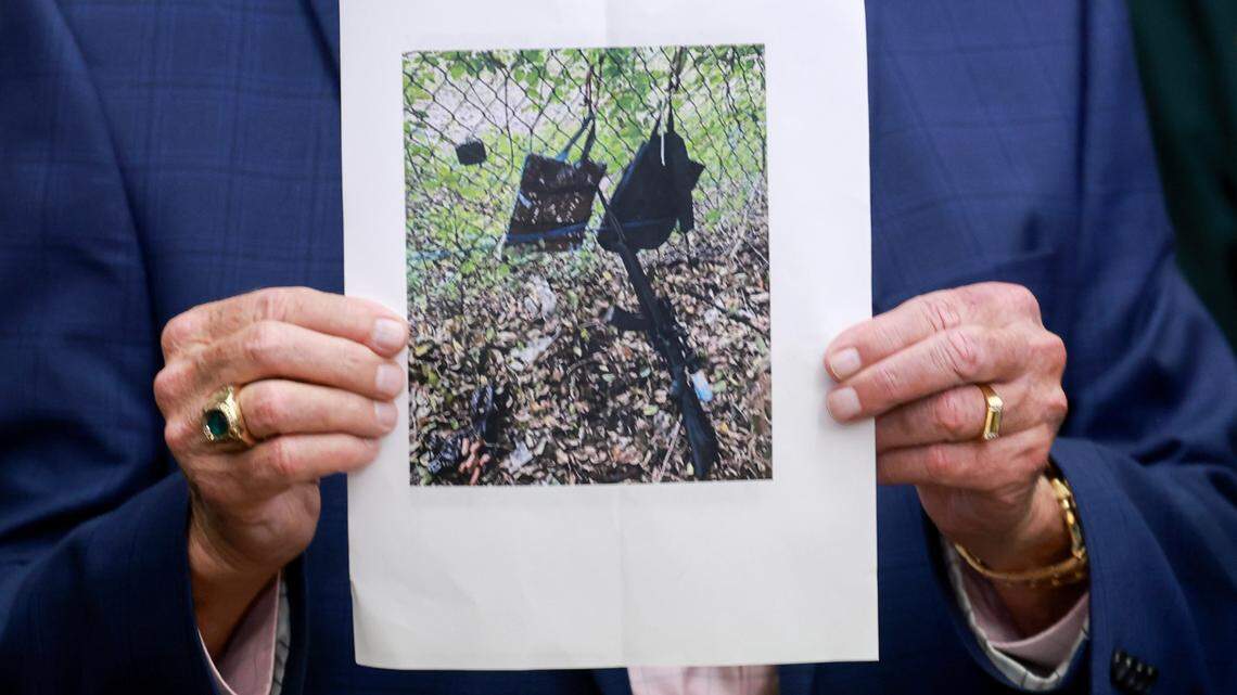 WEST PALM BEACH, FLORIDA - SEPTEMBER 15: Palm Beach County Sheriff Ric Bradshaw holds a photograph of the rifle and other items found near where a suspect was discovered during a press conference regarding an apparent assassination attempt of former President Donald Trump on September 15, 2024 in West Palm Beach, Florida. The FBI and U.S. Secret Service, along with the Palm Beach County Sheriff’s office, are investigating the incident, which the FBI said “appears to be an attempted assassination of former President Trump’ while he was golfing at Trump International Golf Club. (Photo by Joe Raedle/Getty Images)