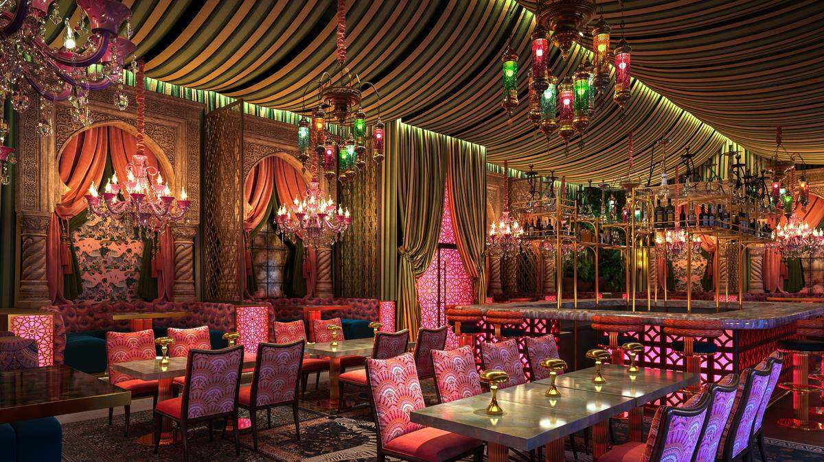 A rendering shows the interior of the plans for Habibi Miami, a new French Moroccan supper club coming to the Miami River.