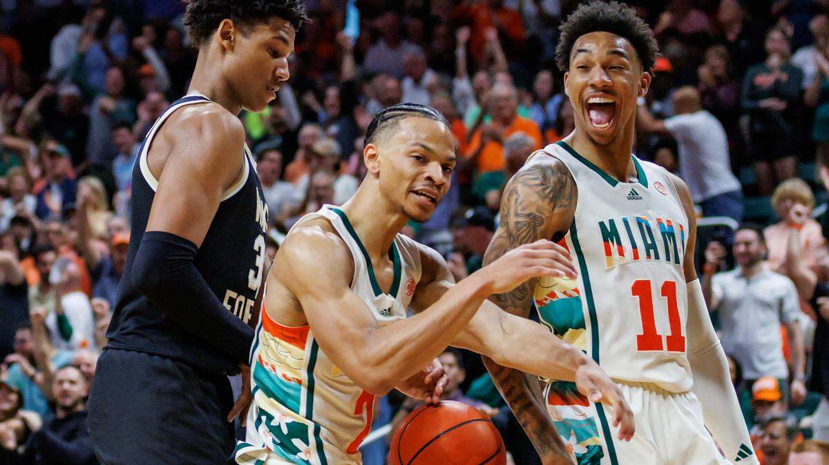 Miami Hurricanes guards Jordan Miller (11) and Isaiah Wong (2) are projected to be second-round picks in the 2023 NBA Draft