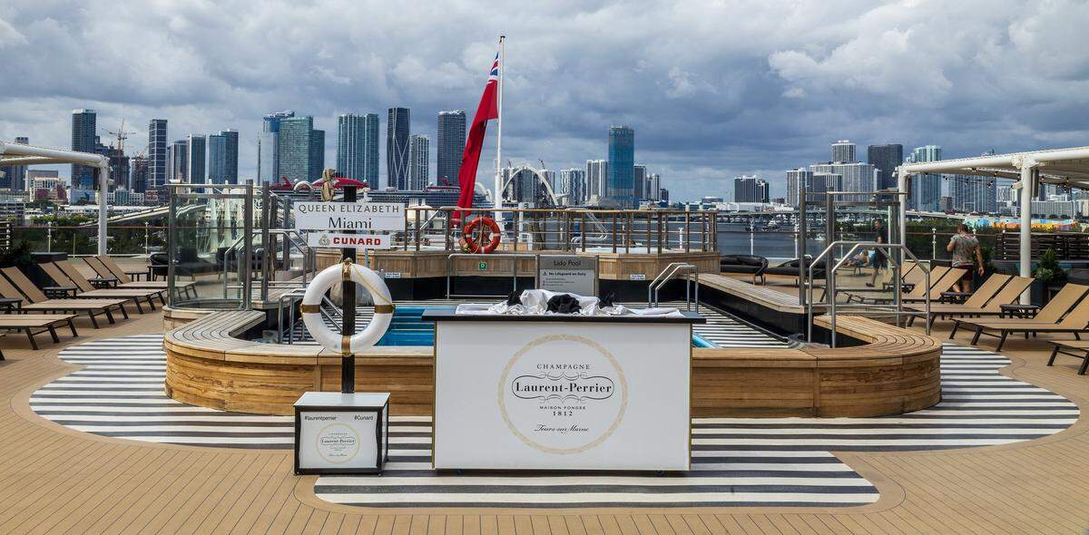 View of the Cunard cruise ship Queen Elizabeth's pool deck, as it sits docked at PortMiami on Thursday, Oct. 16, 2025, in Miami. The vessel arrived around 6 a.m. and will be based in Miami for six months, offering voyages to the Caribbean. After tours and festivities, the ship is scheduled to depart later Thursday on its inaugural 12-night Caribbean cruise.