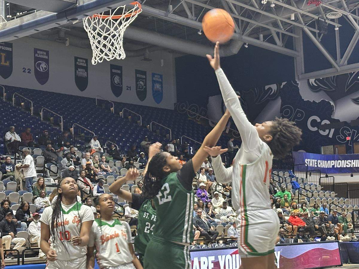 Blanche Ely’s Isyss Mims takes a shot near the rim during Wednesday’s Class 5A state girls’ basketball semifinal against St. Petersburg at UNF Arena in Jacksonville, Fla.