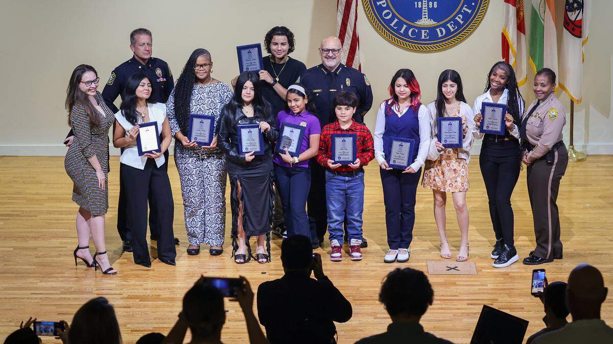 The Do The Right Thing Program and Miami Police honored nine outstanding students, out of over 700 nominees, for their courage, compassion, and leadership, while posing for a group photo with their award plaques inside the auditorium of the Chief Clarence Dickson Police College on Wednesday, January 21, 2026, in Miami, Florida.  

The nine students  left to right are: Michelle Grados, Sanaii Horne, Mia Mateu, Mauricio Sarria, Meredith Ortiz, Aiden Pupo, Sofia Fuentes, Selena Gomez Castro, and Akila Solomon. 



