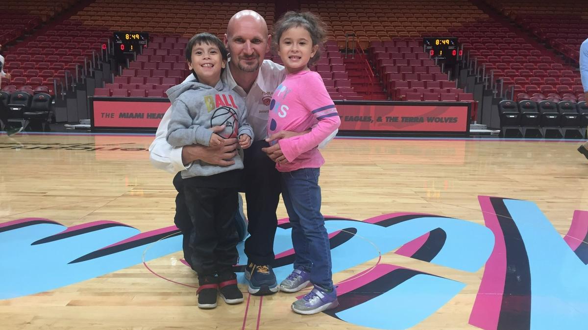 TERRA boys’ basketball coach Adam Graham, seen here with his daughter, Mila, and son, Elias, is back coaching the Wolves after spending a year taking care of his Elias, who was born with a congenital heart defect.
