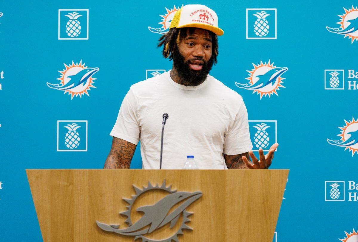 Miami Dolphins cornerback Xavien Howard speaks during team pre-draft press conference at Baptist Health Training Complex in Hard Rock Stadium on Wednesday, April 19, 2023 in Miami Gardens, Florida.